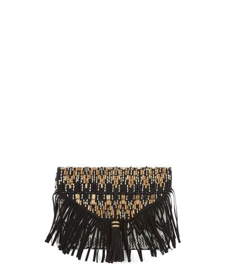 Black Aztec Beaded Fringe Tassel Trim Clutch | New Look