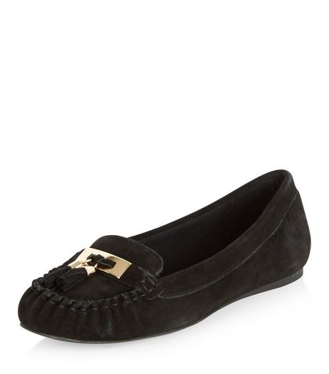 Wide Fit Black Suede Tassel Moccasins | New Look