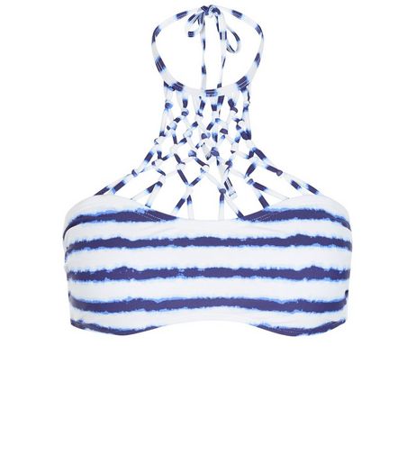 Blue Tie Dye Stripe Caged High Neck Bikini Top | New Look