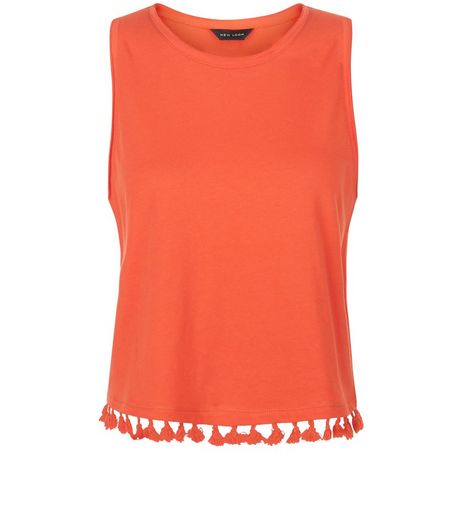 Bright Orange Tassel Trim Sleeveless Top | New Look
