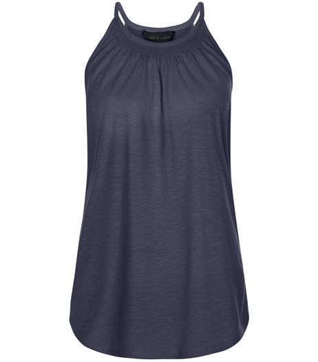 Navy Shirred High Neck Vest | New Look