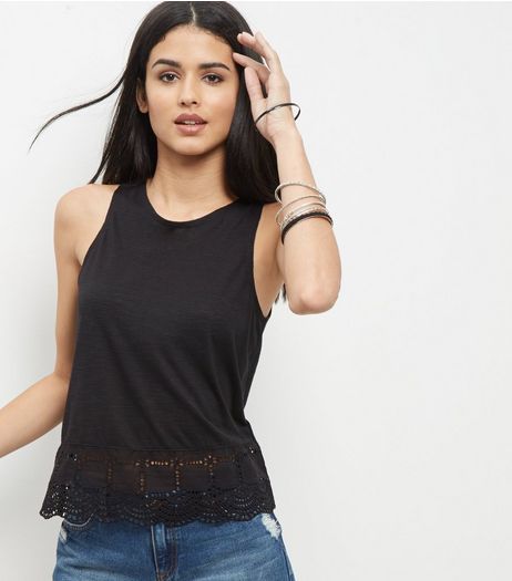 Black Broderie Hem Sleeveless Top | New Look