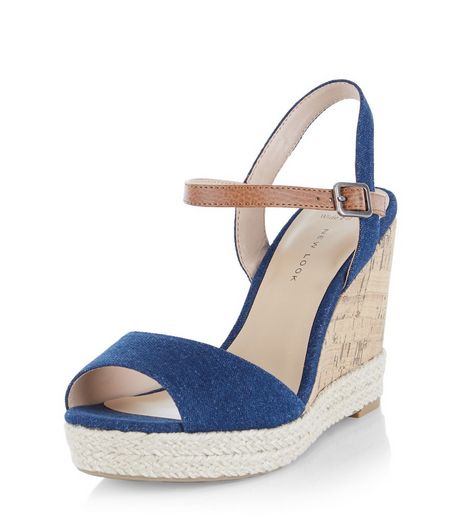 Wide Fit Navy Denim Contrast Wedges | New Look