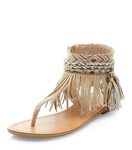 Stone Suedette Fringe T-Bar Strap Sandals | New Look