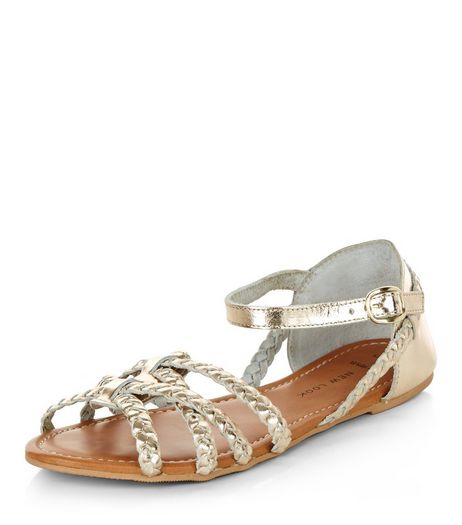 Wide Fit Gold Leather Plaited Cross Strap Sandals | New Look