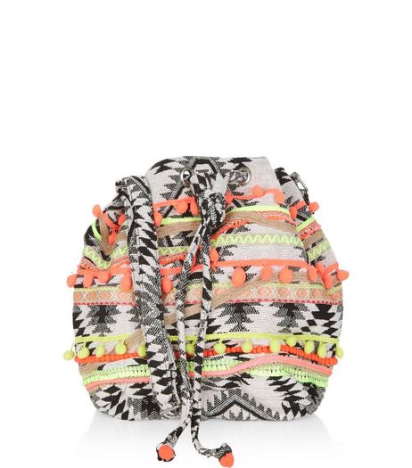 Black Aztec Woven Pom Pom Trim Duffle Bag | New Look