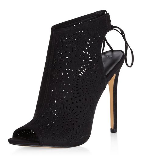 Black Suedette Laser Cut Out Peep Toe Heels | New Look