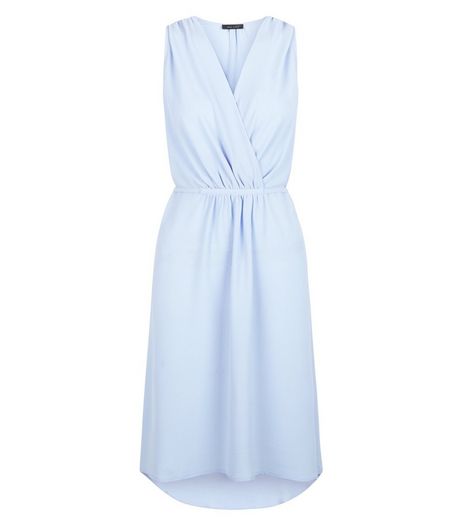 Pale Blue Tie Waist Wrap Sleeveless Dress | New Look