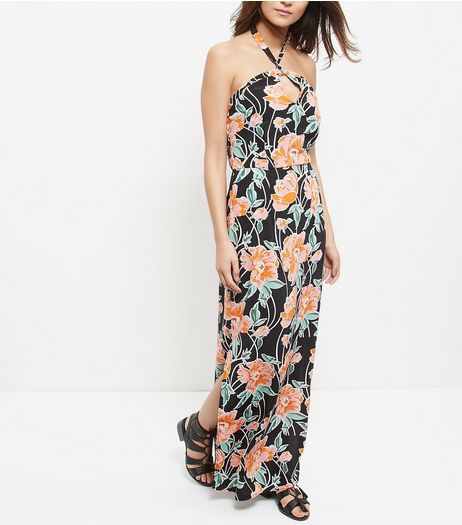 Black Floral Print Halter Neck Split Side Maxi Dress | New Look