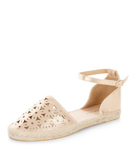 Wide Fit Bronze Laser Cut Out Ankle Strap Espadrilles | New Look