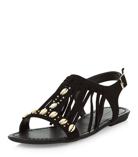Black Suedette Shell Fringe Trim Sandals | New Look