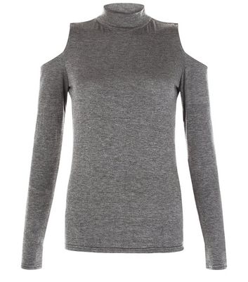 Dark Grey Cold Shoulder Funnel Neck Long Sleeve Top  | New Look