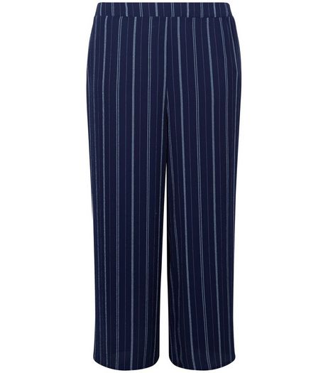 Curves Blue Stripe Wide Leg Trousers | New Look