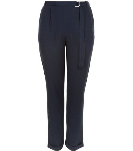 Curves Navy D-Ring Belted Trousers | New Look