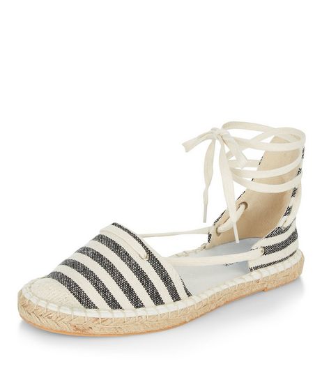 Black Canvas Stripe Lace Up Espadrilles | New Look