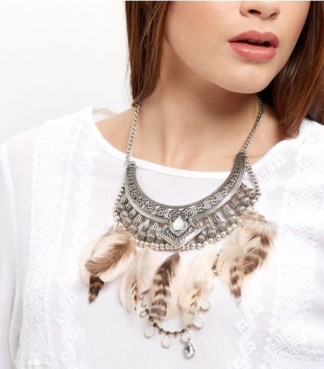 Black Feather Stone Bib Necklace | New Look