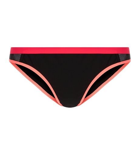 Black Constract Trim Mesh Panel Bikini Bottoms | New Look