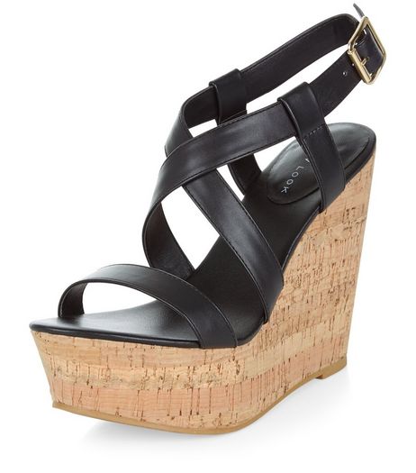 Black Leather-Look Cross Strap Wedges | New Look