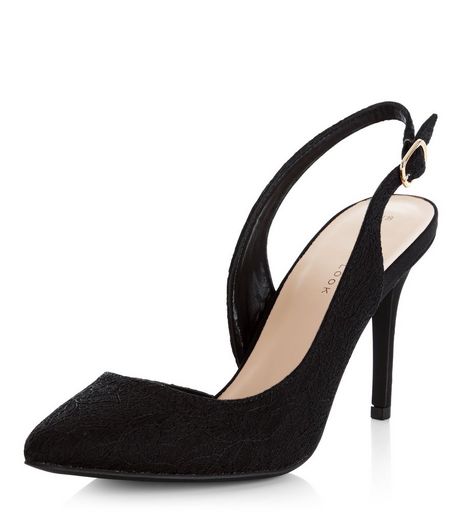 Black Lace Cut Out Side Sling Back Pointed Heels | New Look