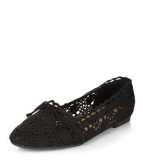 Teens Black Crochet Tie Front Ballet Pumps | New Look