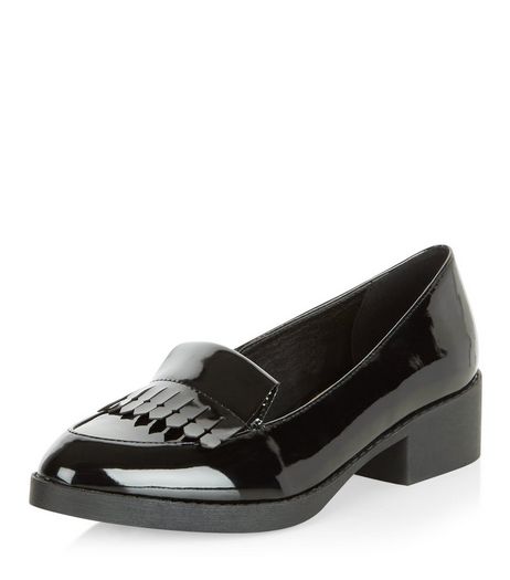 Teens Black Patent Fringed Block Heel Loafers | New Look