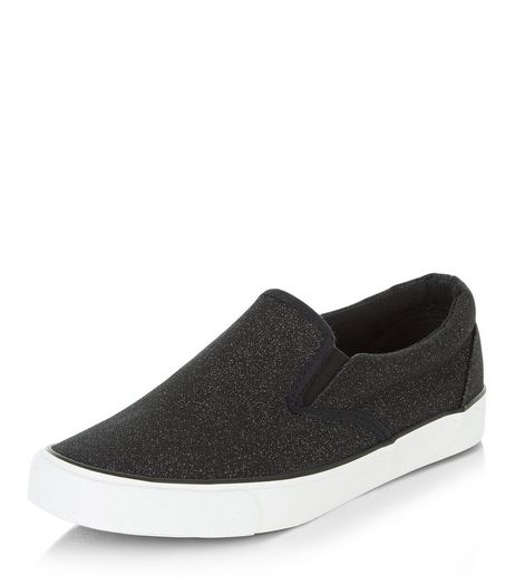 Black Shimmer Slip On Plimsolls | New Look