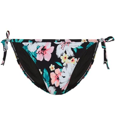 Black Tropical Print Tie Side Bikini Bottoms | New Look