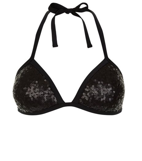 Black Sequin Triangle Bikini | New Look