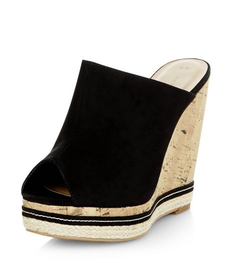 Black Peep Toe Wedge Mules | New Look