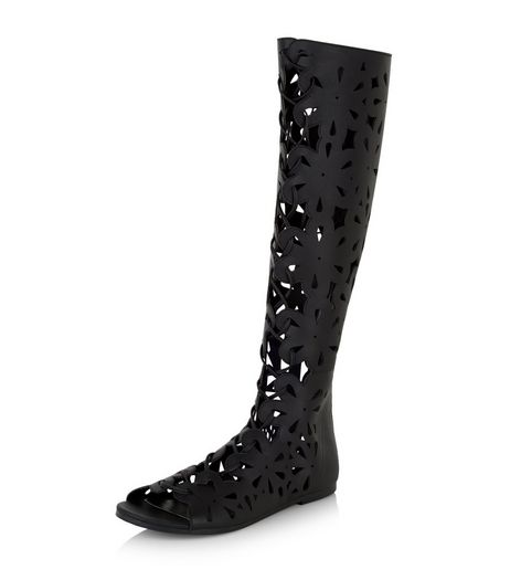 Black Floral Laser Cut Out Peep Toe High Leg Boots | New Look