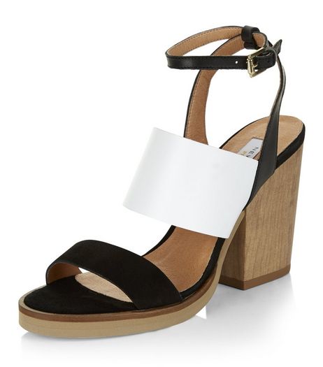 Black Premium Leather Contrast Block Heels | New Look