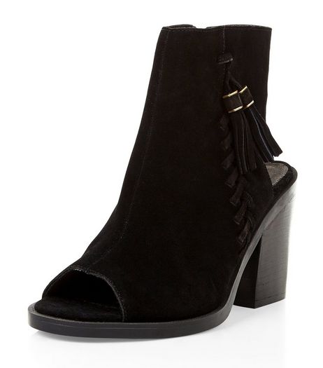 Black Premium Suede Peep Toe Block Heel Boots | New Look