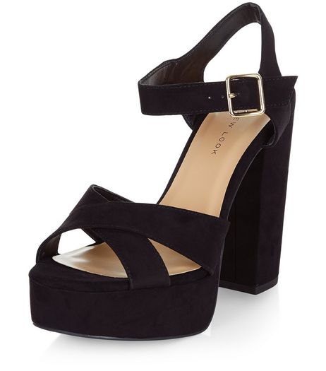 Wide Fit Black Suedette Cross Strap Block Heels | New Look