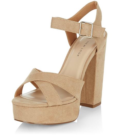 Wide Fit Stone Suedette Cross Strap Block Heels | New Look