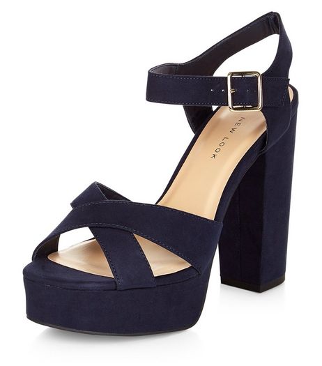 Wide Fit Navy Suedette Cross Strap Block Heels | New Look