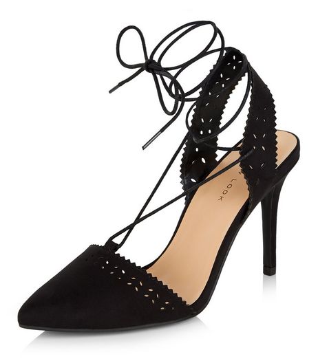 Black Suedette Laser Cut Out Pointed Ghillie Heels | New Look
