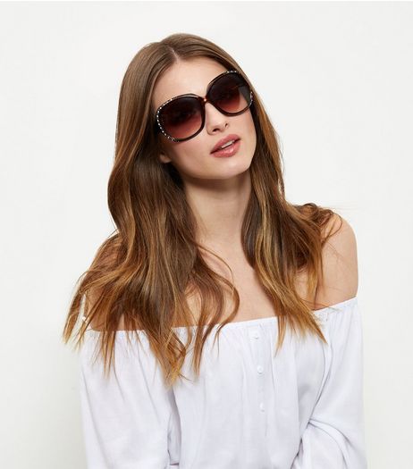 Brown Tortoiseshell Print Embellished Side Sunglasses | New Look