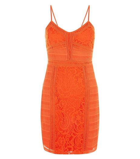 Bright Orange Contrast Lace Strappy Bodycon Dress | New Look