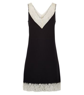 Black Premium Lace Trim Slip Dress  | New Look