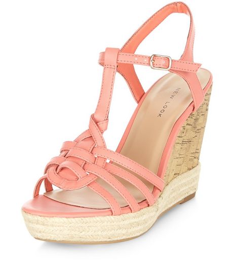 Coral Cross T-Bar Strap Espadrille Wedges | New Look