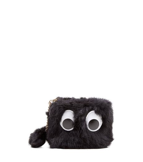 Black Faux Fur Googly Eyes Purse | New Look