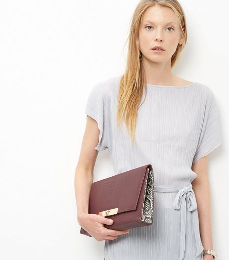 Burgundy Snakeskin Textured Clutch | New Look