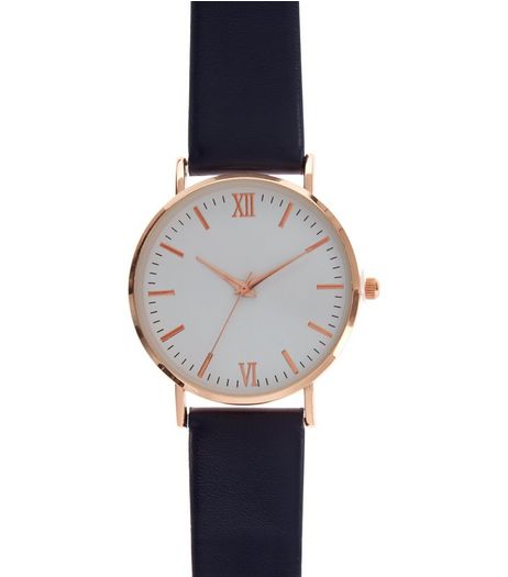 Navy Leather-Look Strap Watch | New Look