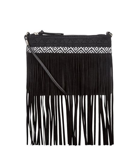 Black Crochet Tassel Trim Across Body Bag | New Look
