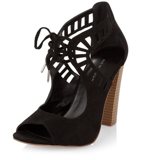 Black Suedette Laser Cut Out Tie Front Block Heels | New Look