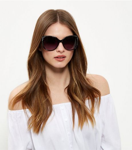 Black Oversized Embellished Sunglasses | New Look