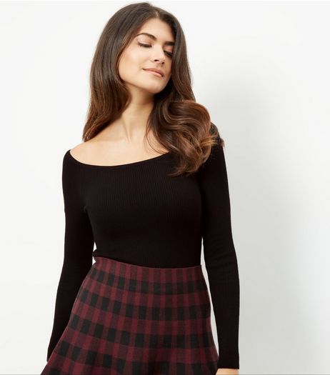Black Ribbed Bardot Neck Long Sleeve Top | New Look