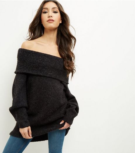 Dark Grey Ribbed Bardot Neck Jumper | New Look