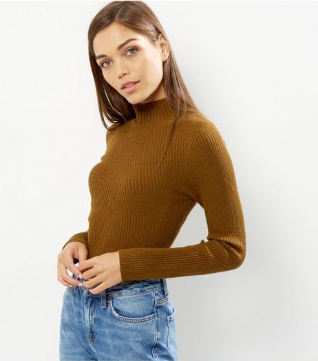 Olive Green Ribbed Funnel Neck Jumper | New Look