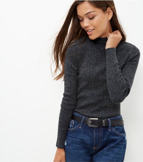 Dark Grey Ribbed Funnel Neck Jumper | New Look